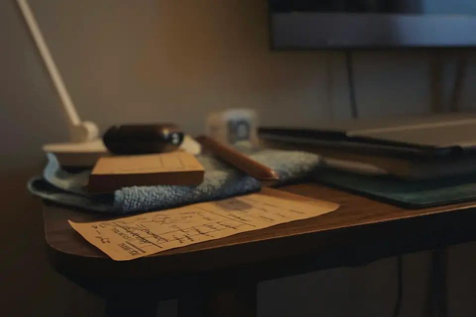 A folder, a handwritten note and a pencil on a wooden desk, lit by a single lamp in the evening.