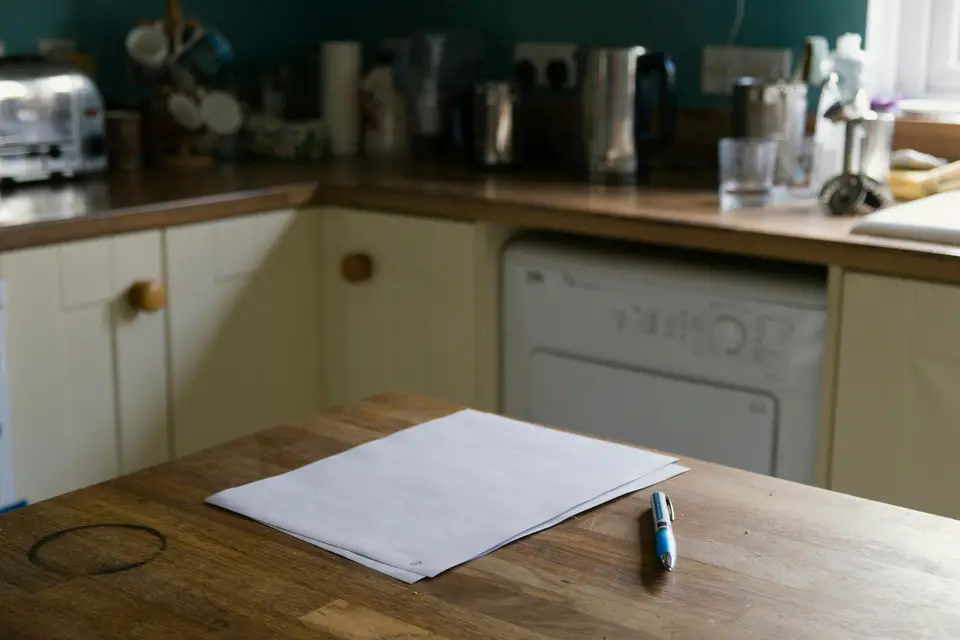 A wooden kitchen table with a few sheets of paper and a pen, in front of a counter with a kettle, glasses and a washing machine.